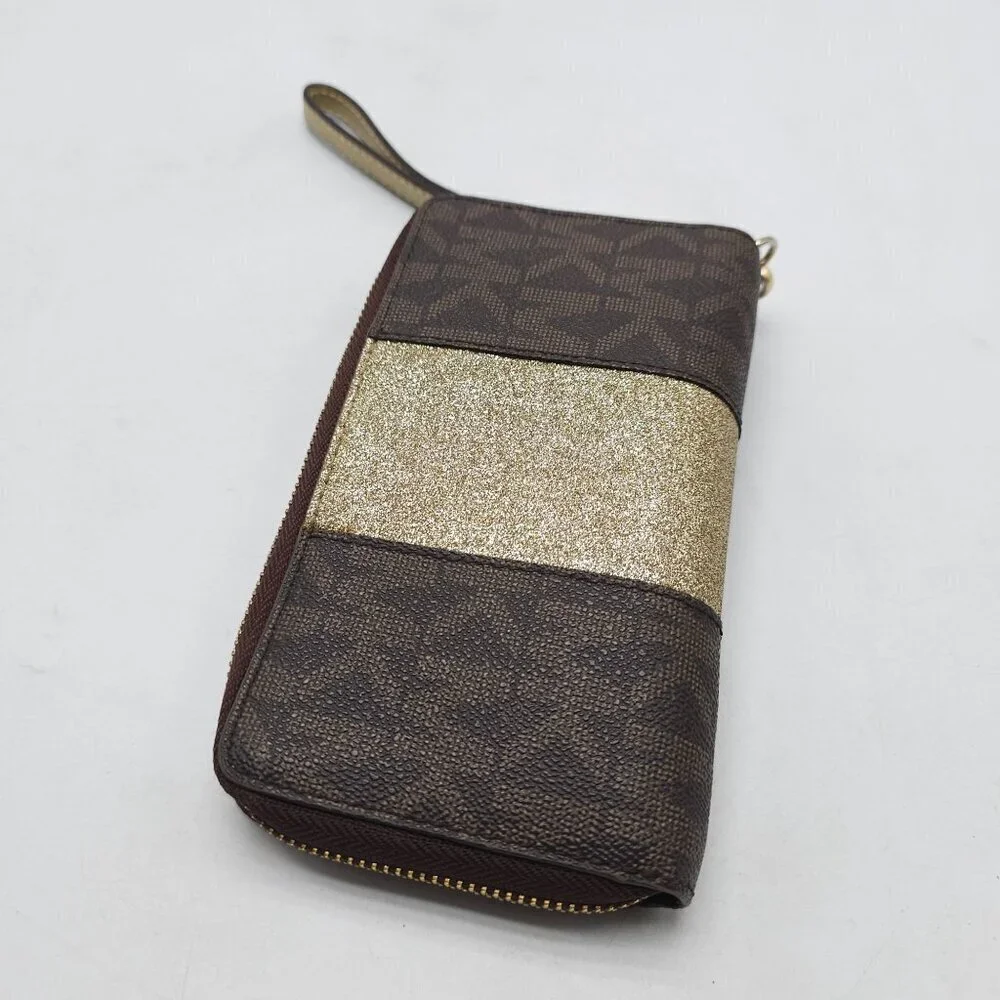 Michael Kors Brown Gold Glitter Wristlet Wallet With Zip Closure